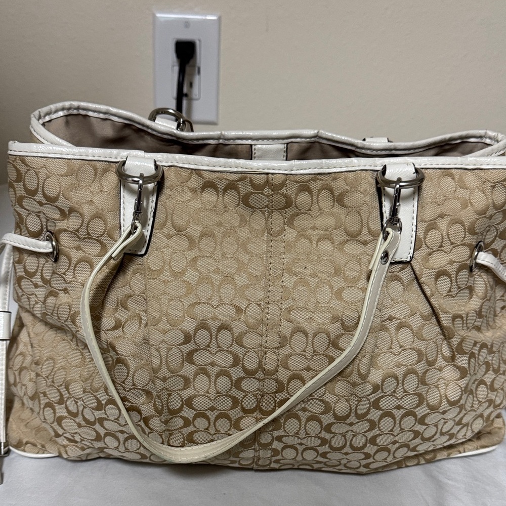 Coach Beige Signature Canvas Tote with White Leather Trim